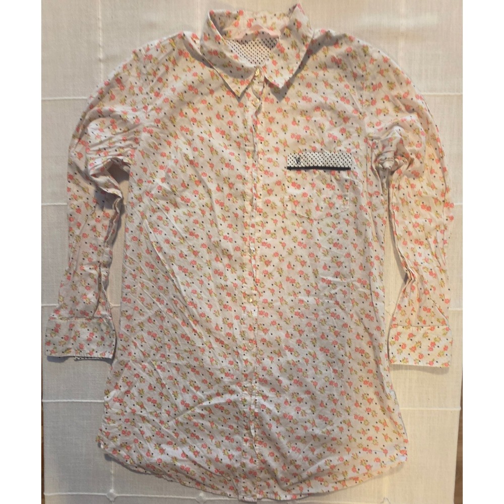 Victoria's Secret Floral Polka Dot Sleep Shirt Button Down White Pink Small